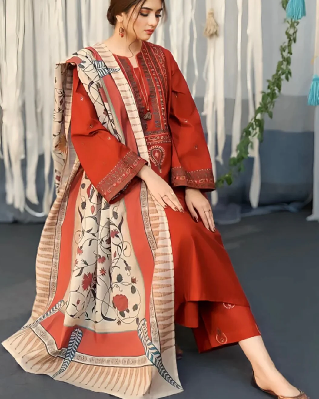 UROOJ EMB 3Pc With MONAR DUPPATA