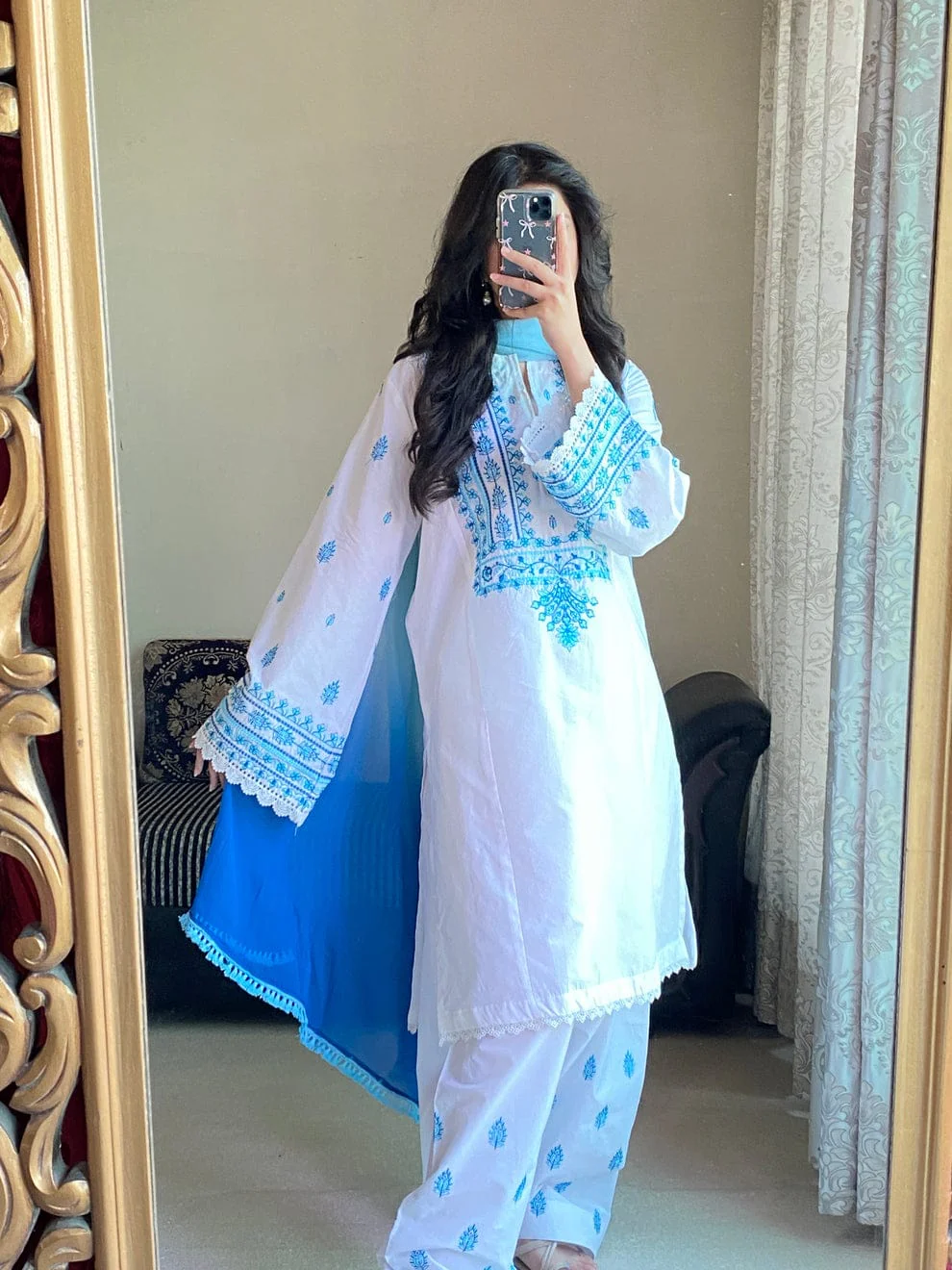 WINTER WHITE/BLUE 3PC ( FARSHI SHALWAR) - Image 5