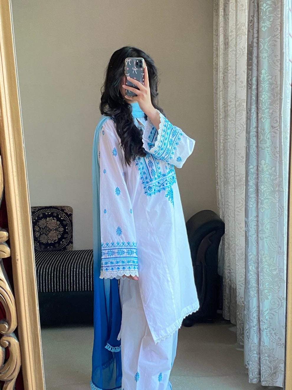 WINTER WHITE/BLUE 3PC ( FARSHI SHALWAR) - Image 6